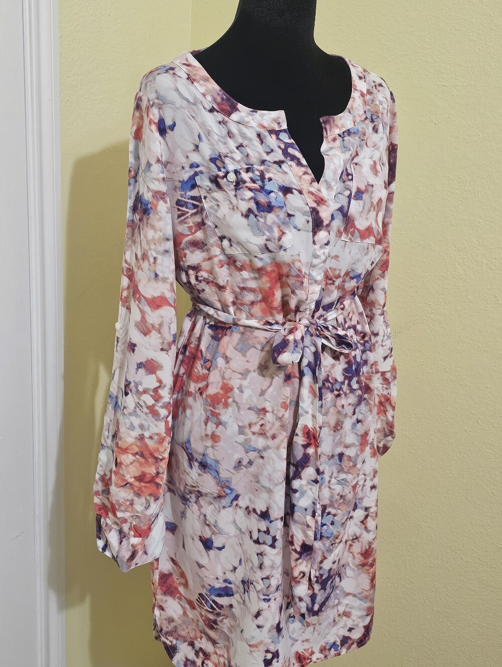 a.n.a Long Sleeve Tie-Waist Watercolor Floral Dress in Multi-Color